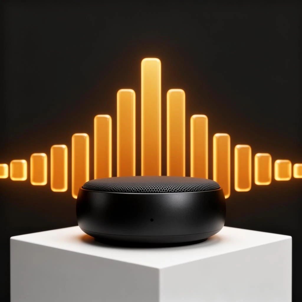 Cinematic 3D render of a matte black speaker puck on a white plinth, with a sound waveform behind it built from fourteen glowing amber bars in a gentle curve, the three tallest centred directly behind the puck and the bars shortening evenly toward both ends.