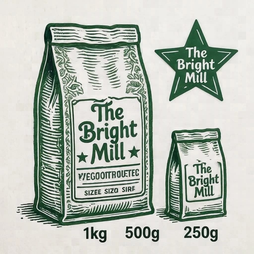Linocut print: one coffee bag in three sizes. The sizes are captioned "1kg", "500g" and "250g" in that order. The wordmark "The Bright Mill" appears on every size with a five-point star outline beside it. The green-and-white coloring is the same across every size, and only the bag size changes.