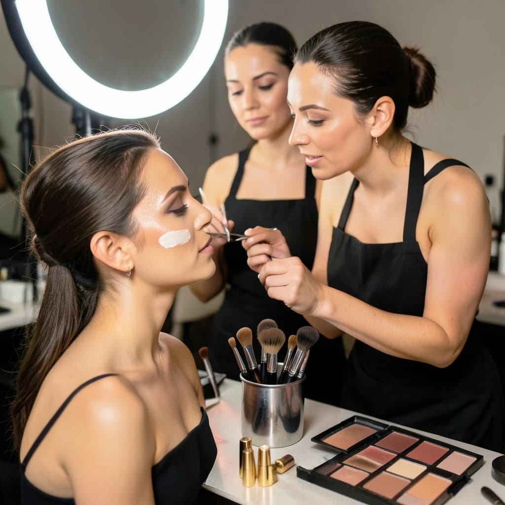 Fashion photograph at a backstage vanity lit by a ring light. A makeup artist in a black apron leans in from the right and blends cream blush into a seated model's cheekbone with her fingers, while a second artist standing behind them holds a lash tray in one hand and tweezers in the other, mid pick. On the counter between them: six brushes standing bristle up in a metal cup, three lipstick bullets lying in a row with their caps off beside them, and one open palette showing two used shades and four untouched. Warm skin tones, glossy highlights, shallow depth of field.