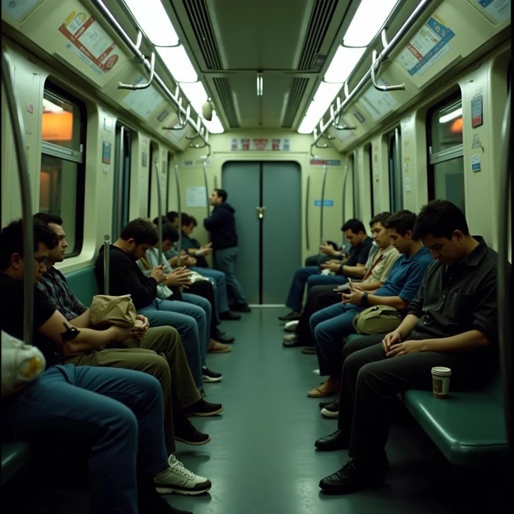 Cinematic photograph inside a late night subway car, handheld, lit only by flickering ceiling strips and orange platform light sliding past the windows. Nine passengers down the car: the three on the left bench all sleep with heads tipped at different angles, the four on the right bench are awake, one folding a paper bag, one holding a bike wheel upright between his knees, one wrapping her own wrist in tape, one staring straight into the lens. Two more stand at the far doors gripping the same pole with a violin case wedged between them. An empty seat beside the nearest sleeper, a coffee cup rolling under it.