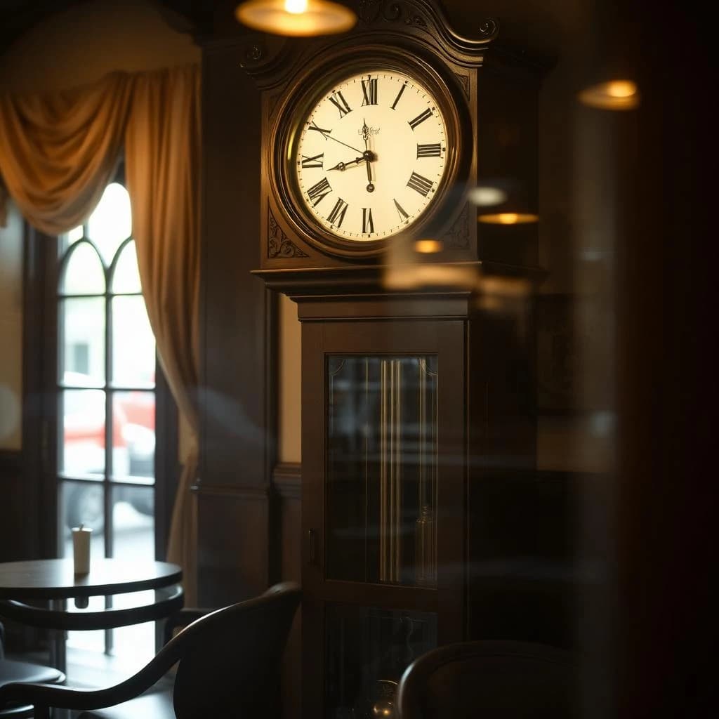 135mm f/1.8 close-up framing of a grandfather clock inside a cozy cafe, lit by bounced light, gentle vignetting, large-format look