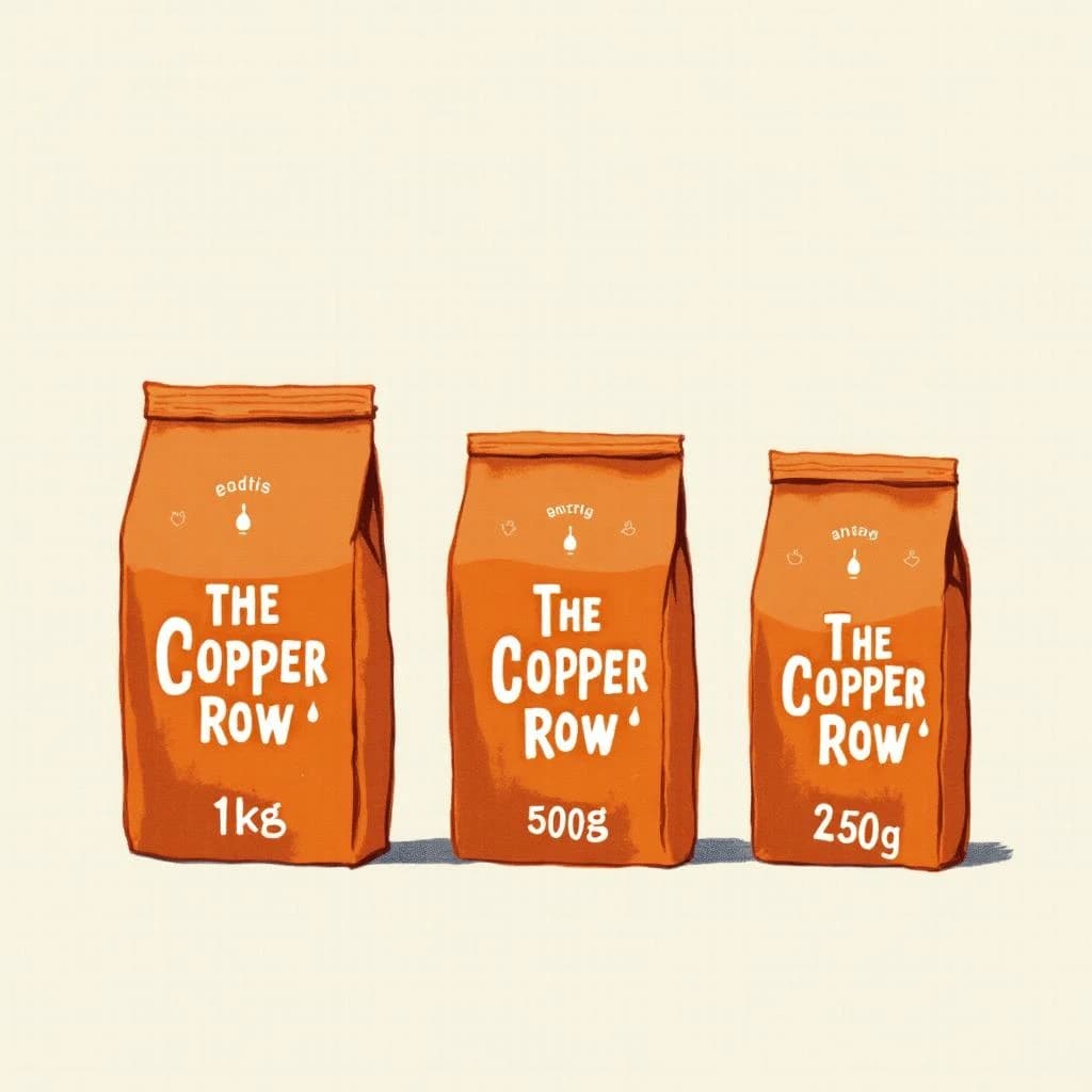 Linocut print: one coffee bag in three sizes. The sizes are captioned "1kg", "500g" and "250g" in that order. The wordmark "The Copper Row" appears on every size with a single droplet symbol beside it. The orange-and-brown coloring is the same across every size, and only the bag size changes.