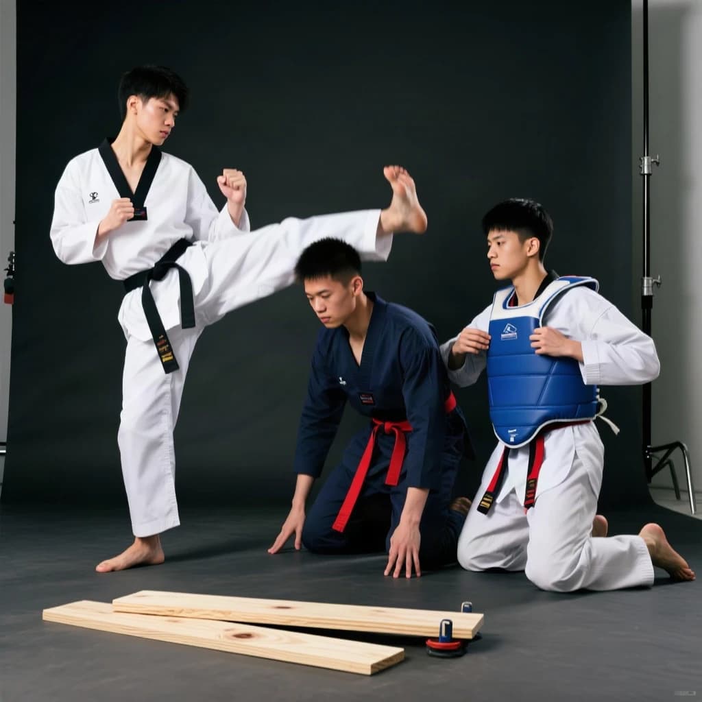 Studio photography, stunt and costume reference on a seamless charcoal backdrop, one hard key from camera left. Three taekwondo athletes in a tight diagonal: the tallest, in a white uniform with a black belt, holds a side kick frozen at chest height; the shortest, in navy with a red belt, ducks under it with both palms flat on the floor; the third kneels behind them fastening a blue chest guard onto a folded uniform. Two snapped pine boards lie at the front edge of the frame, a third board still whole in a holder's gloved hands.