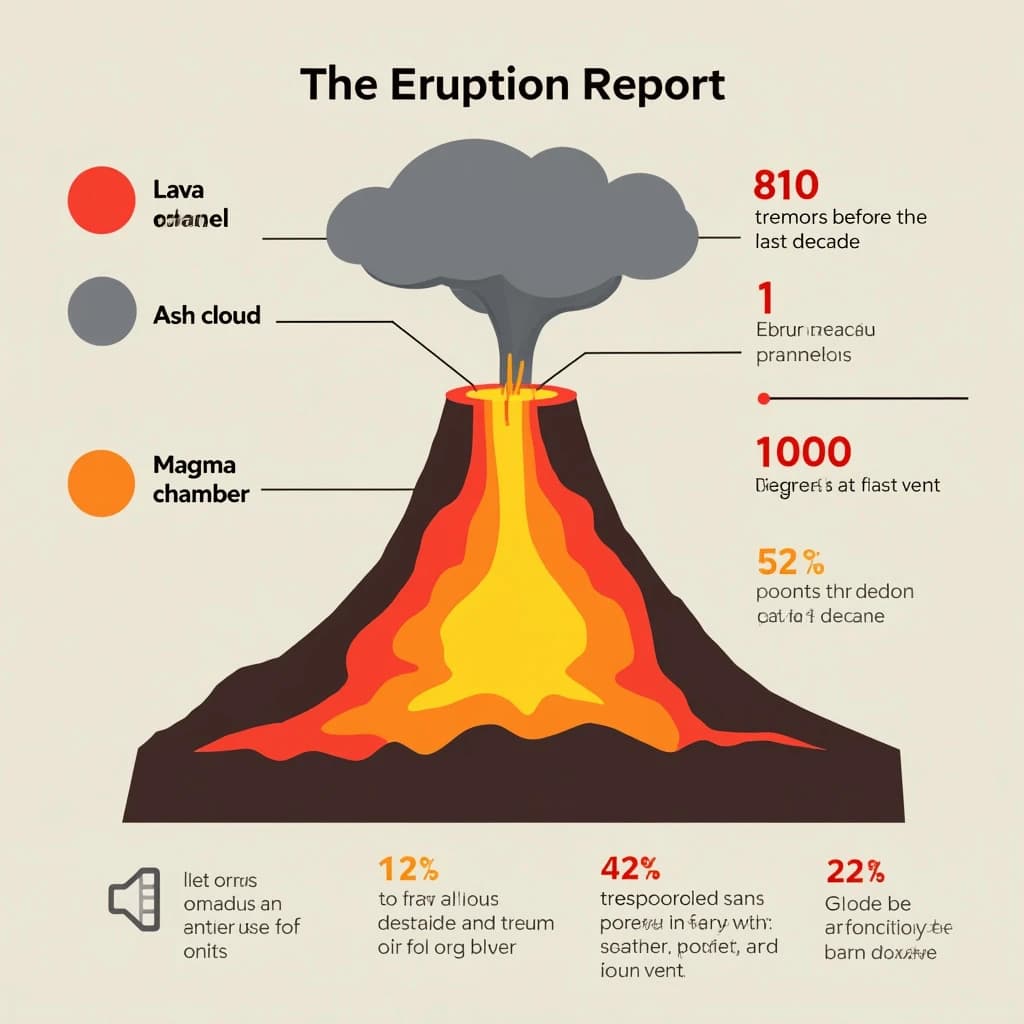 Flat vector illustration titled "The Eruption Report". A cutaway cone sits at the center, carrying three keyed regions, "Lava channel" shaded red, "Ash cloud" shaded gray and "Magma chamber" shaded orange. Three stat chips run down a right column, reading "810 tremors before the last eruption", "1 in 23 erupt each decade" and "1,000 degrees at the vent". Each key color matches the shading of the region it names.