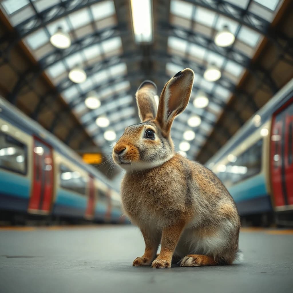 85mm f/1.8 profile framing of an arctic hare inside a train station hall, rim-lit, slight barrel distortion, medium-format look