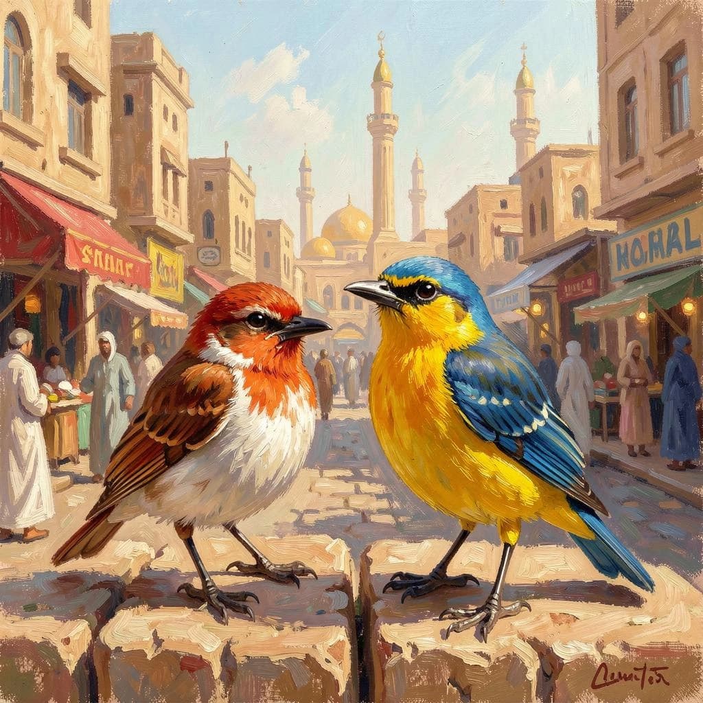 Scrub-Bird and Yellowtail in Cairo, Egypt in the style of impressionist