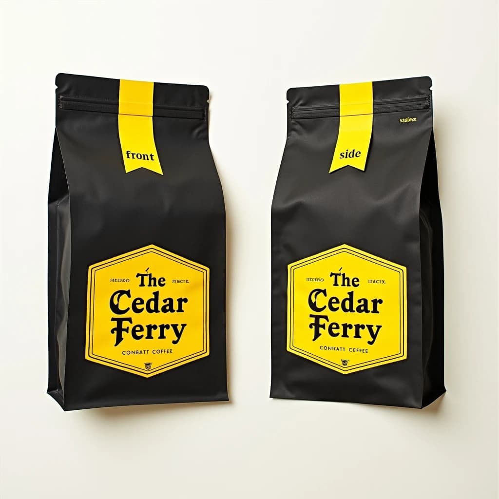 Cut-paper collage: one coffee bag in two views. The views are captioned "front" and "side" in that order. The wordmark "The Cedar Ferry" appears on every view. The black-and-yellow coloring is the same across every view, and only the angle changes.