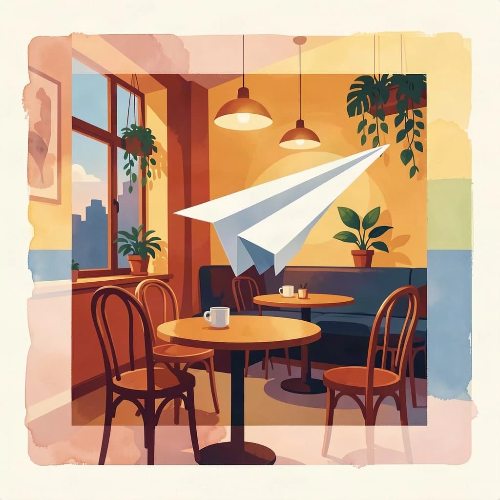 Silkscreen print of a paper airplane inside a cozy cafe, layered wash, smooth vector finish, split-complementary palette.