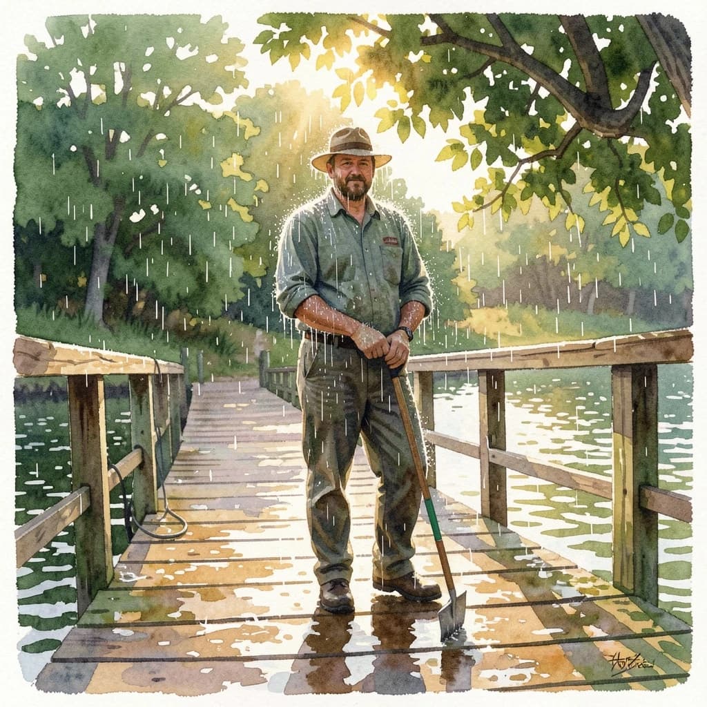 A gardener covered in morning dew on a wooden pier, in dappled afternoon light, low-angle view, watercolor style.
