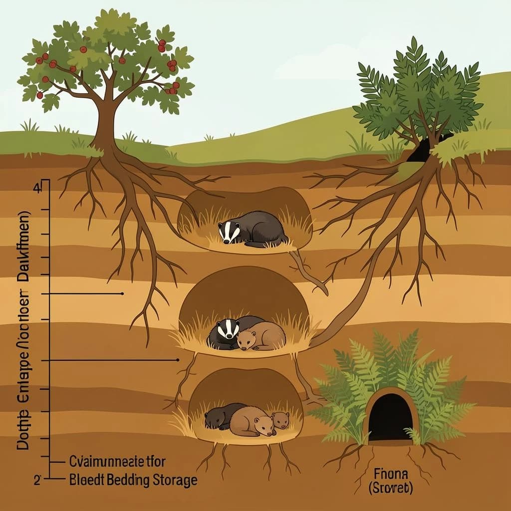 Flat vector cross-section of a badger sett cut through a hillside, soil drawn as layered ochre bands with tree roots threading through. Four chambers at different depths: the deepest lined with dry grass holding two sleeping badgers curled together, one mid level chamber standing empty, one holding three cubs, and a shallow chamber used for bedding storage. Five tunnels connect them, and two entrances break the surface, the left one under a hawthorn and the right one screened by bracken. Labels sit outside the soil profile on hairline leaders, with a depth scale in metres down the left edge.