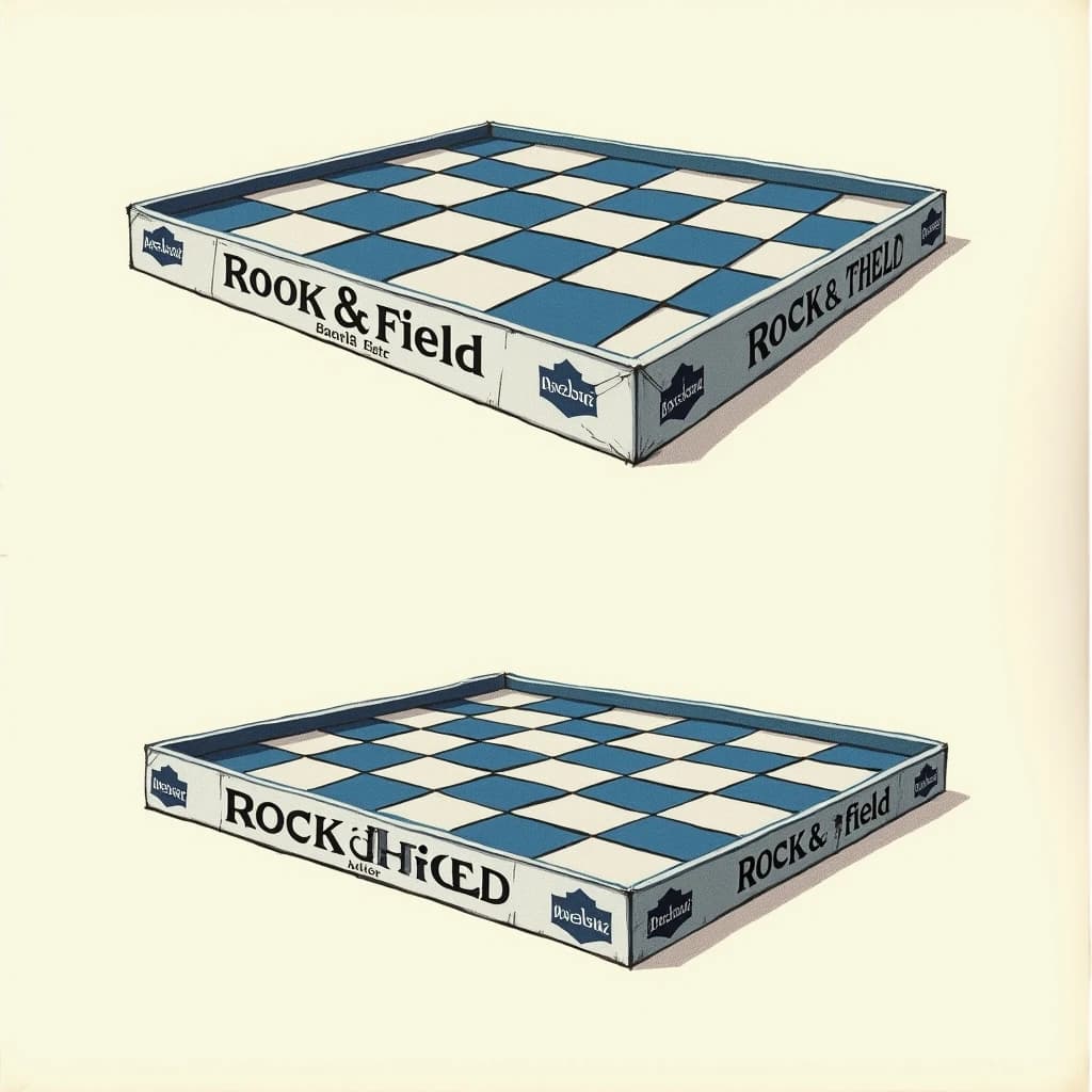 Printed poster of the same board-game box drawn in two views, captioned "front" and "side", every view carrying the wordmark "Rook & Field" with a single leaf mark beside it in the same blue-and-silver coloring, only the angle changing.