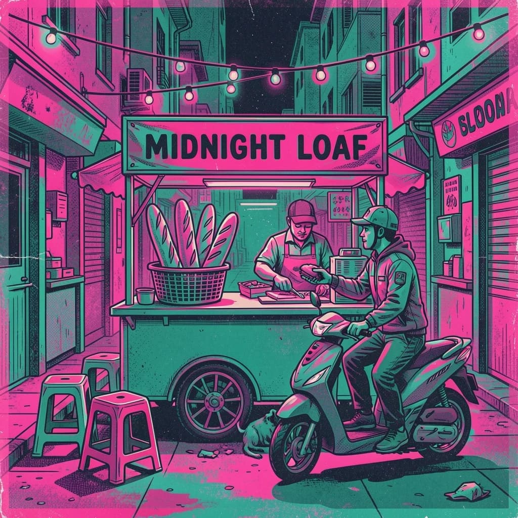 Two-color risograph print key art in fluorescent pink and teal with visible misregistration and paper grain, for a street food courier game. A night market alley: the banh mi cart at center with three baguettes standing upright in a basket and two more being sliced by the vendor, who hands one wrapped sandwich down to a courier straddling a scooter. Four plastic stools in front of the cart, three occupied and the one nearest the gutter tipped over. Two strings of bulbs cross overhead. A dog waits under the cart axle. The stall banner reads "Midnight Loaf".