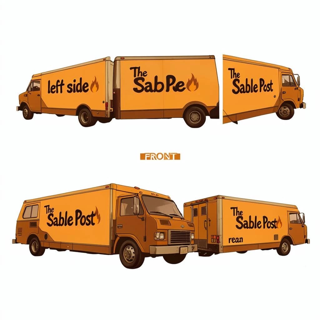 Printed poster: one food truck in three sides. The sides are captioned "left side", "front" and "rear" in that order. The wordmark "The Sable Post" appears on every side with a small flame icon beside it. The orange-and-brown coloring is the same across every side, and only the side changes.