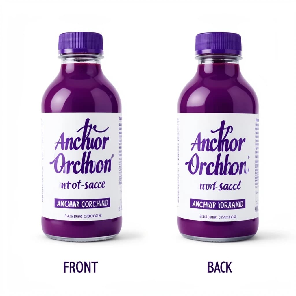 Printed poster: one hot-sauce bottle in two views. The views are captioned "front" and "back" in that order. The wordmark "Anchor Orchard" appears on every view. The purple-and-white coloring is the same across every view, and only the angle changes.