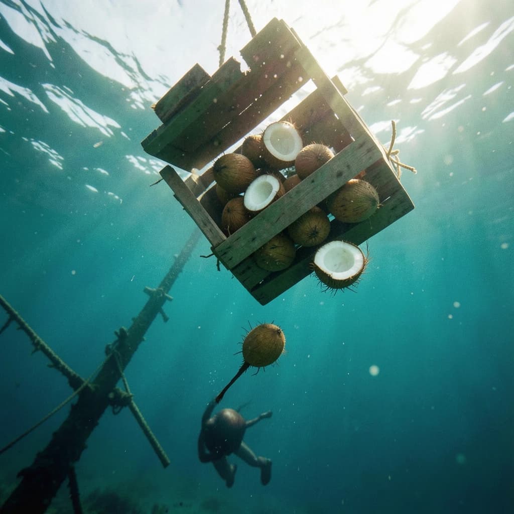 Underwater photography, film still from a castaway feature, shot from six metres down looking up toward the surface. A wooden crate has burst mid-sink: nine coconuts drift out of it, five still husked and pale brown, four split open and white, the split ones sinking faster than the whole ones. The crate hangs above them, lid half torn away, roped to a sunken mast that runs out of frame to the lower left. A swimmer silhouetted against the bright surface reaches down toward the nearest whole coconut, one fin missing. Blue green water column, sunbeams, drifting particles, natural light only.