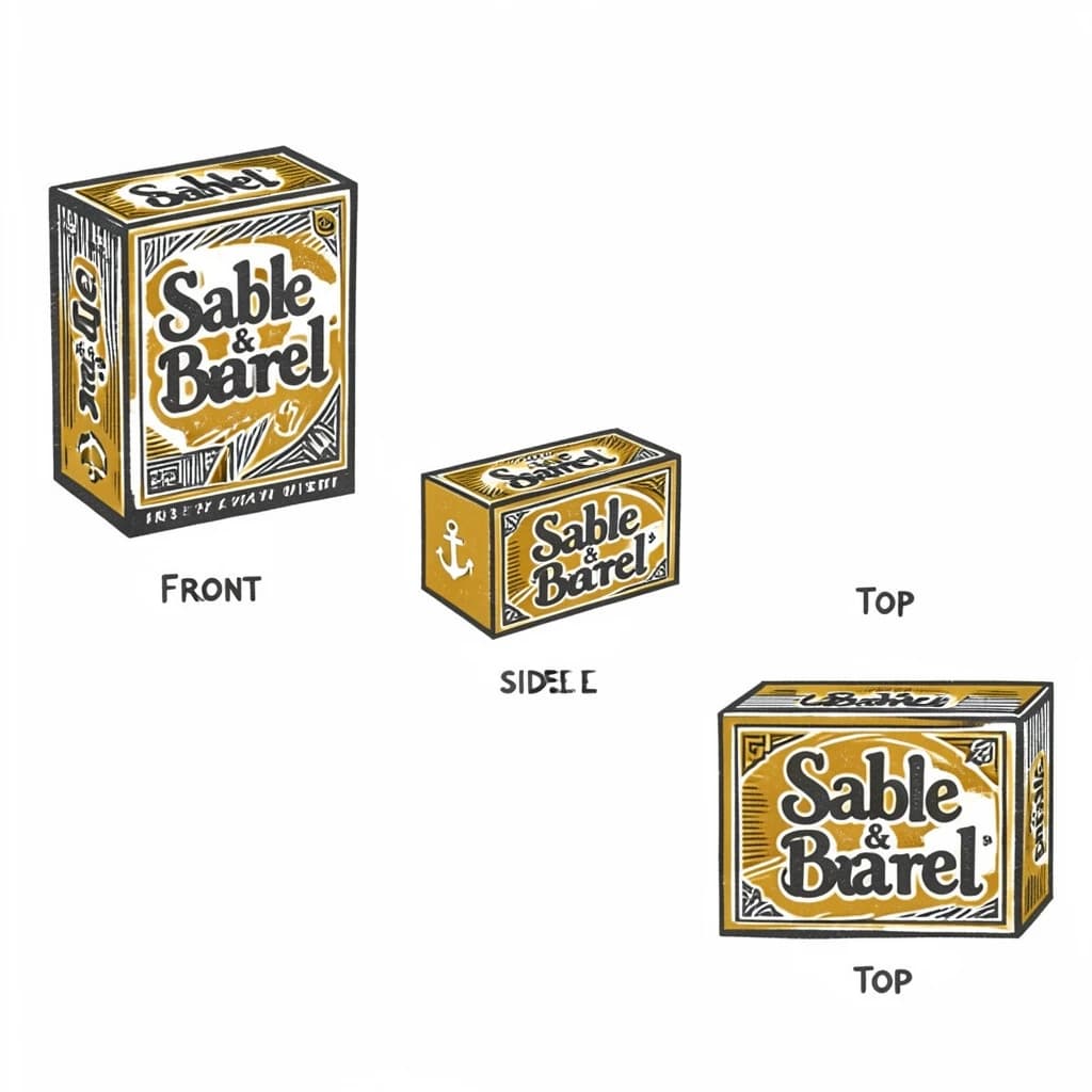 Linocut print: one board-game box in three views. The views are captioned "front", "side" and "top" in that order. The wordmark "Sable & Barrel" appears on every view with a small anchor mark beside it. The mustard-and-charcoal coloring is the same across every view, and only the angle changes.