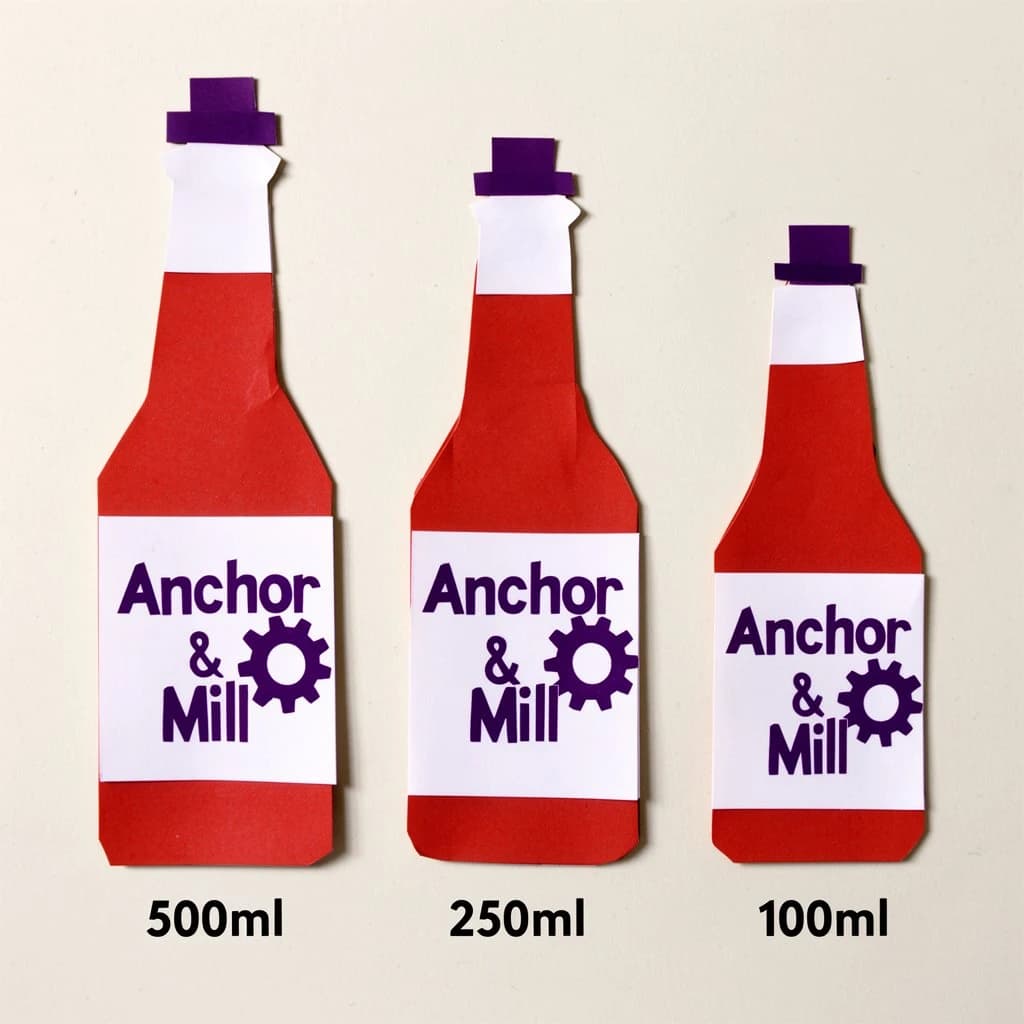 Cut-paper collage of the same hot-sauce bottle drawn in three sizes, captioned "500ml", "250ml" and "100ml", every size carrying the wordmark "Anchor & Mill" with a six-tooth gear mark beside it in the same purple-and-white coloring, only the bottle size changing.