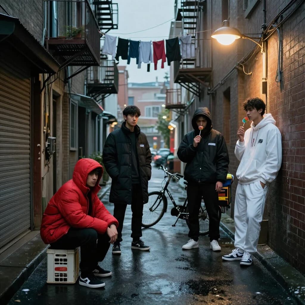 Cinematic photograph for a streetwear campaign, shot straight down a narrow rain-slick alleyway at dusk. Four models spread through the depth of the frame: the nearest crouches on a milk crate in a red puffer, two stand mid-alley in matching black coats, one leaning on a roll-up shutter and one holding a lollipop, and the farthest stands under the single working lamp in white. Three of the six fire escapes above carry laundry lines; the rest are bare. A delivery bike lies on its side between the two middle models. Blurred street traffic only at the far end.