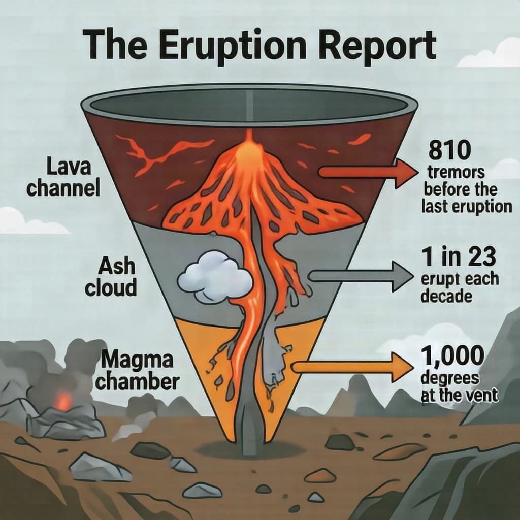 Flat vector illustration titled "The Eruption Report". A cutaway cone sits at the center, carrying three keyed regions, "Lava channel" shaded red, "Ash cloud" shaded gray and "Magma chamber" shaded orange. Three stat chips run down a right column, reading "810 tremors before the last eruption", "1 in 23 erupt each decade" and "1,000 degrees at the vent". Each key color matches the shading of the region it names.