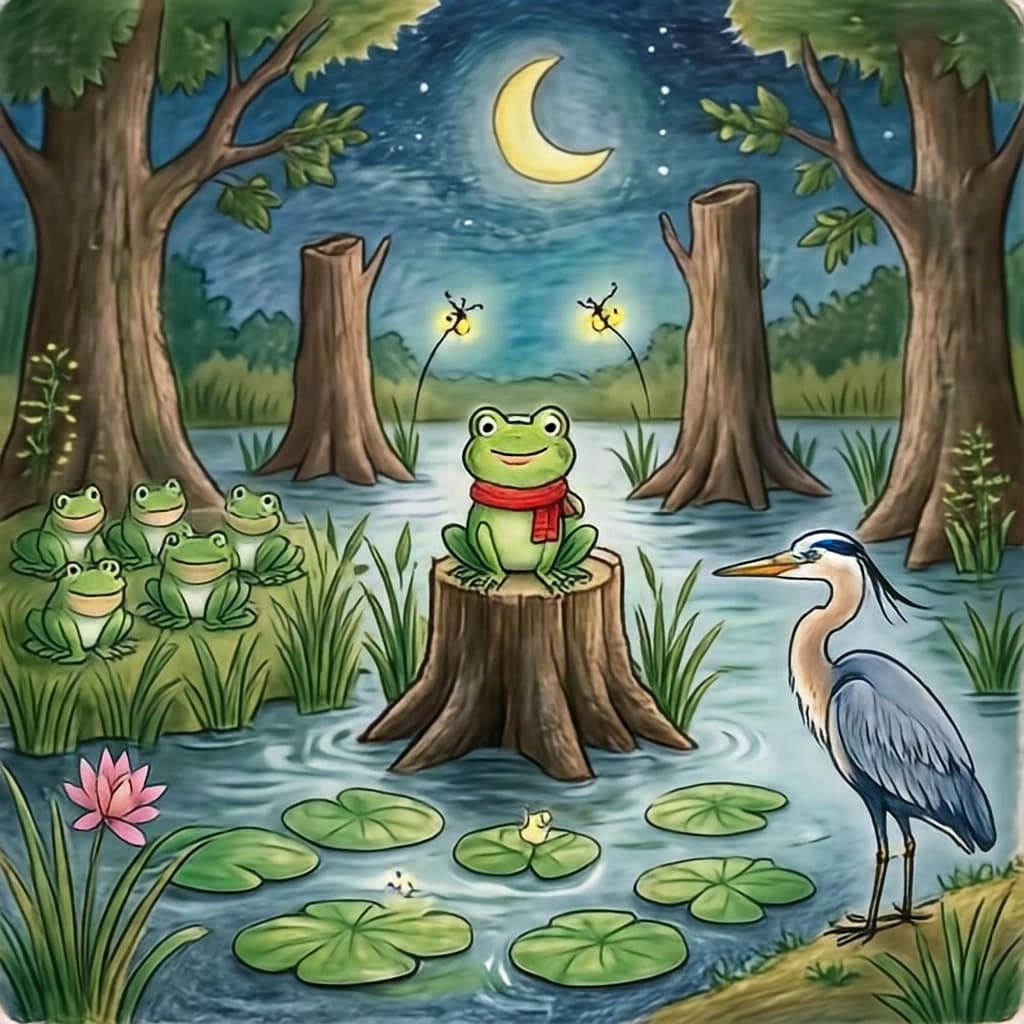 Story card in soft children's book illustration with crayon texture. A moonlit swamp with three cypress stumps in a row across the water. A small green frog in a red scarf sits on the middle stump. Two fireflies circle above his head while four more sit sleeping on the reeds to the left. A heron stands knee deep at the right edge, looking away from the frog. Nine lily pads float across the foreground, only one of them carrying a flower.