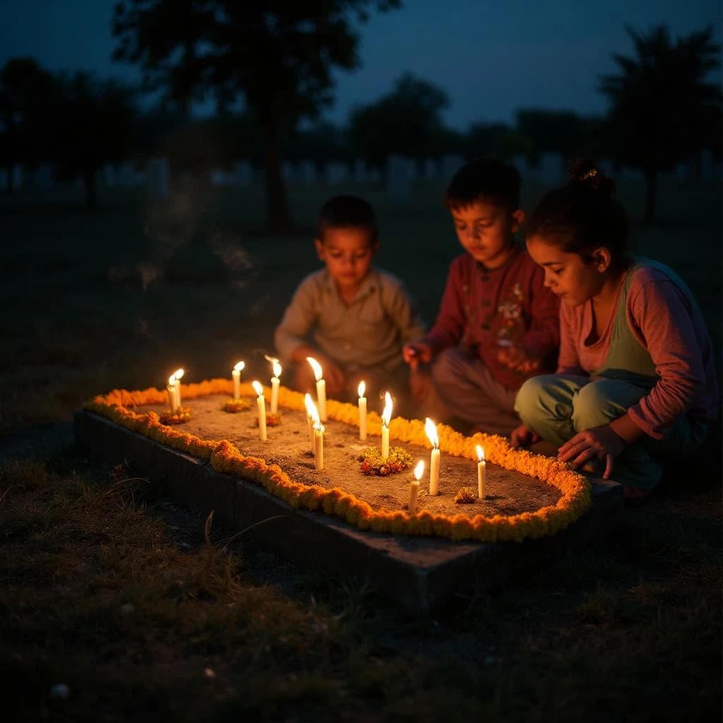 Photojournalism frame from a cemetery vigil at night: one grave slab carrying seven marigold garlands and nine lit candles, three of the candles guttered out and smoking, a grandmother and two children kneeling along the near edge.
