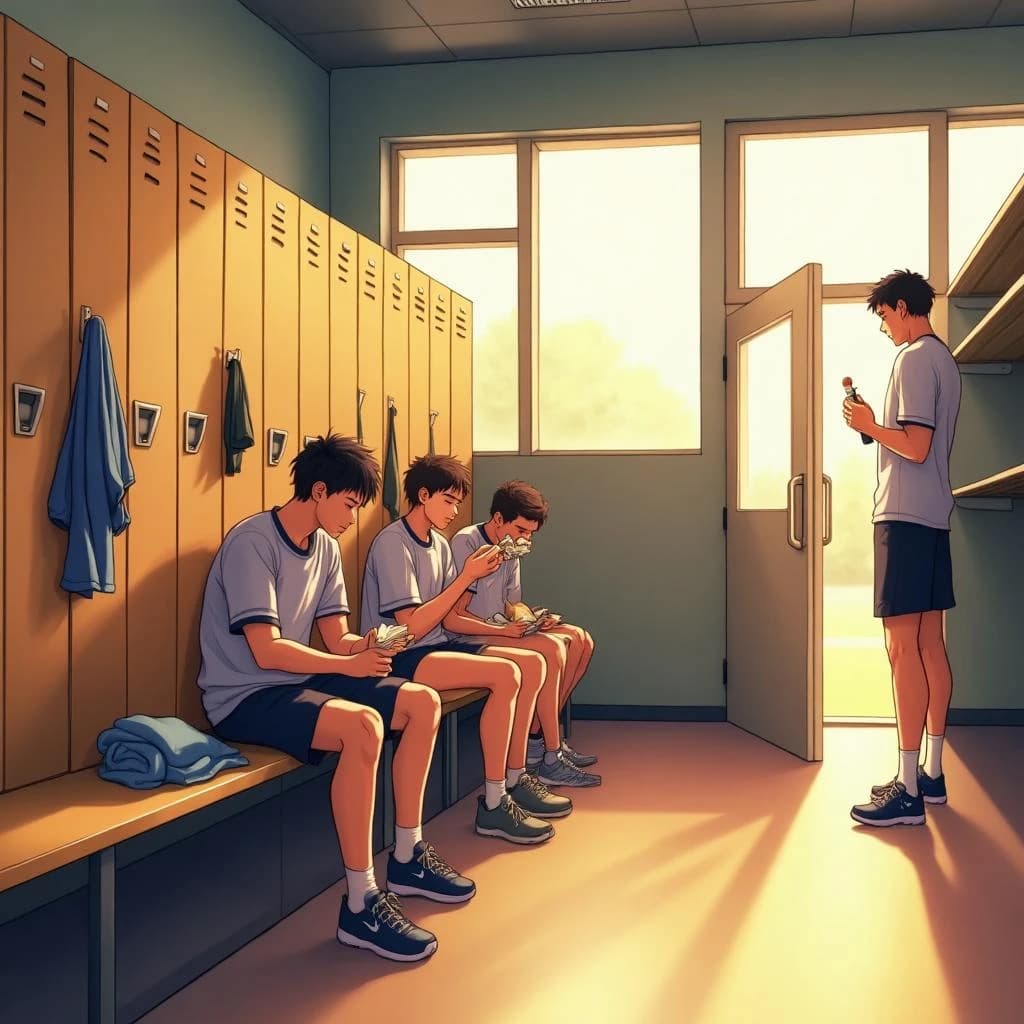 Modern anime interior for a high school volleyball series, wide view down a team locker room after practice. Eight lockers along the back wall in two banks of four, the three on the far left hanging open with jerseys spilling out and the rest shut. Four players occupy the foreground bench: the setter re-taping two fingers, the libero pulling on a knee sleeve, the captain reading a clipboard, and a first year asleep sitting upright with a towel over his face. A coach stands in the right doorway holding a whistle, half in shadow. Warm late-sun bars fall through high frosted windows, cel shading, clean bold linework.