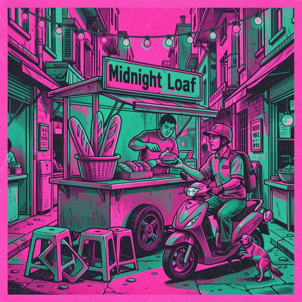Two-color risograph print key art in fluorescent pink and teal with visible misregistration and paper grain, for a street food courier game. A night market alley: the banh mi cart at center with three baguettes standing upright in a basket and two more being sliced by the vendor, who hands one wrapped sandwich down to a courier straddling a scooter. Four plastic stools in front of the cart, three occupied and the one nearest the gutter tipped over. Two strings of bulbs cross overhead. A dog waits under the cart axle. The stall banner reads "Midnight Loaf".