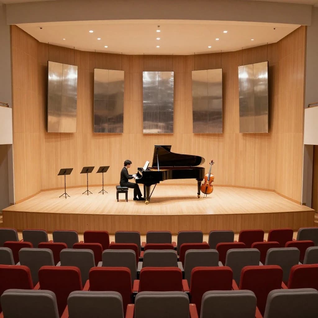 Interior visualization of a small chamber music hall lined in pale oak, seen from the side balcony. A pianist in black plays the only grand piano on stage, lid raised toward the room, a page turner seated to her left. Four empty music stands form a semicircle behind the piano, and a single cello rests on its side beside the last stand. Nine curved reflector panels hang over the stage, the three centre ones lower than the rest. The first two rows of seating are red, every row behind them grey, and all the front row seats are folded up. Photorealistic render, warm stage light.
