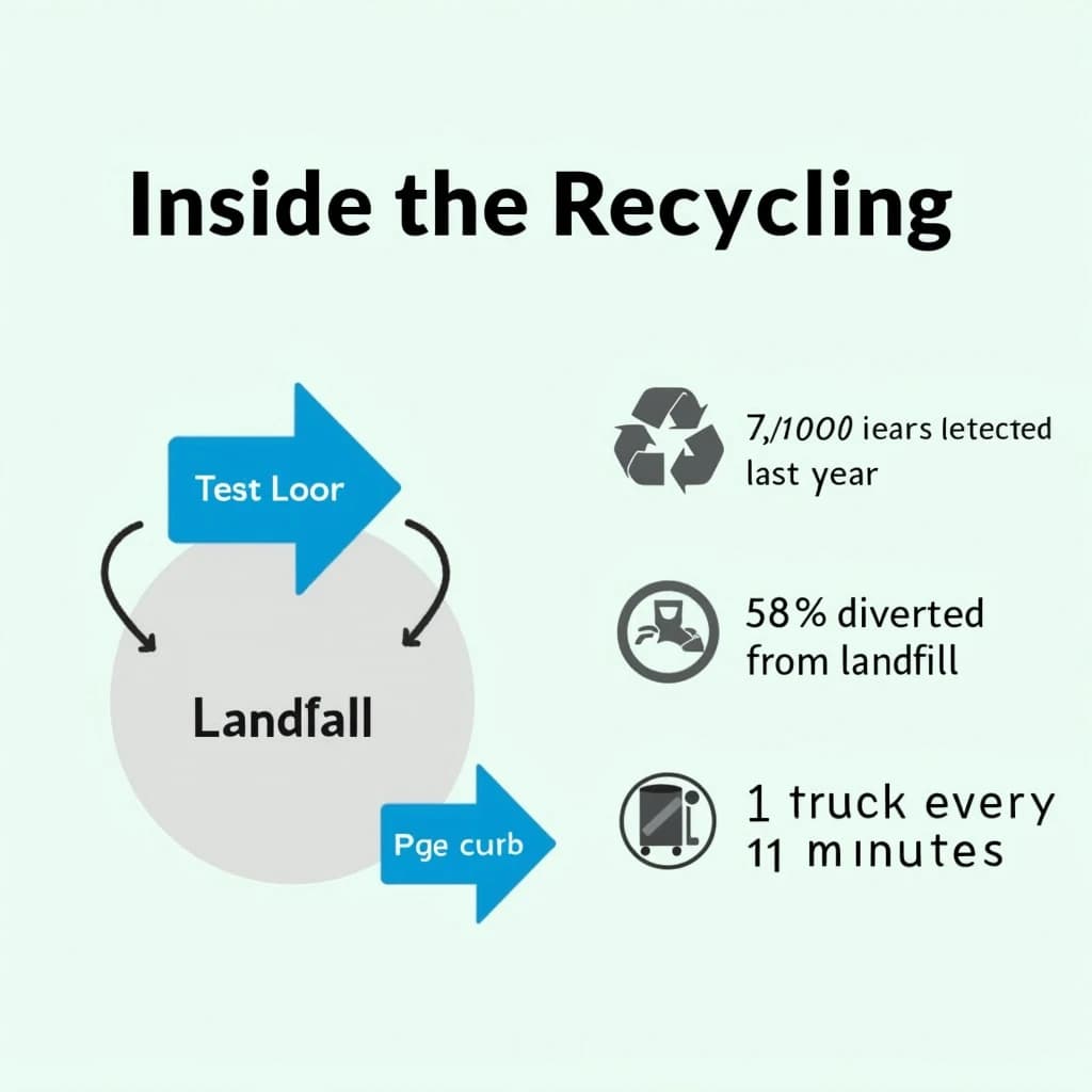 Flat infographic titled "Inside the Recycling": at the center a flow chart from curb to sorting floor, carrying two keyed regions, "Paper" shaded blue and "Landfill" shaded gray, beside a right column of three stat chips reading "7,000 tons collected last year", "58% diverted from landfill" and "1 truck every 21 minutes".