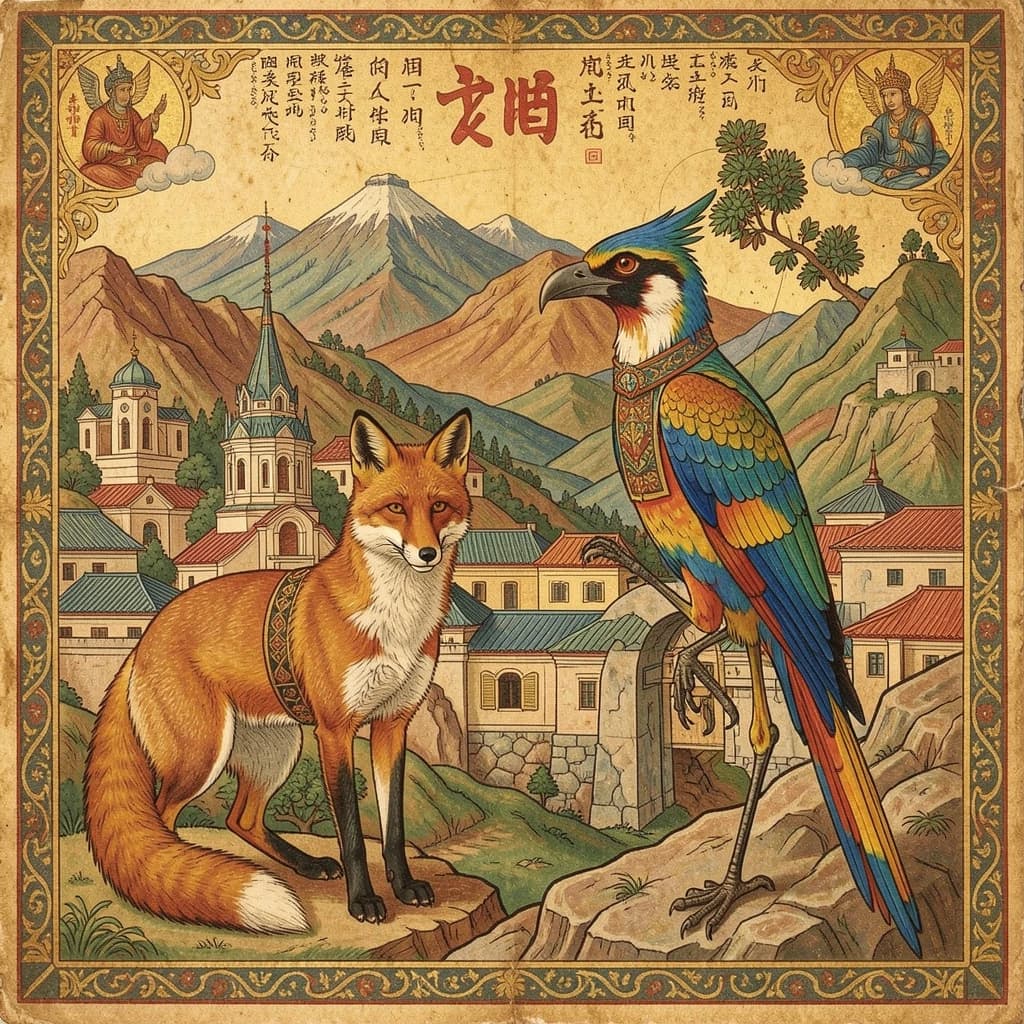 Fox and Turaco in Pyongyang, North Korea in the style of byzantine