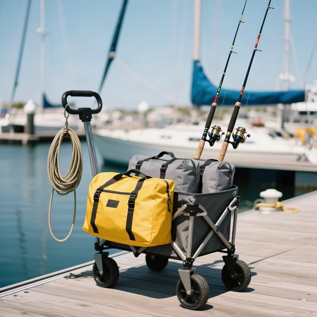 Lifestyle listing photo on a marina dock: a folding dock cart holding three dry bags, the largest yellow and the two smaller ones grey, two fishing rods leaning against the handle, and one coiled dock line hanging from the front rail. Masts blurred behind.