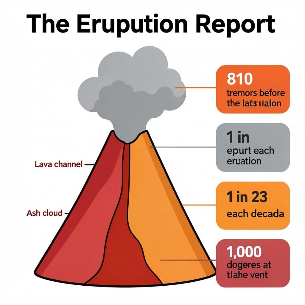 Flat vector illustration titled "The Eruption Report". A cutaway cone sits at the center, carrying three keyed regions, "Lava channel" shaded red, "Ash cloud" shaded gray and "Magma chamber" shaded orange. Three stat chips run down a right column, reading "810 tremors before the last eruption", "1 in 23 erupt each decade" and "1,000 degrees at the vent". Each key color matches the shading of the region it names.