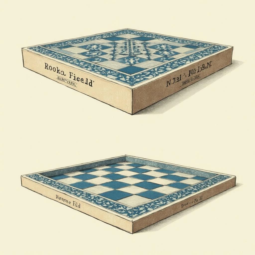 Printed poster of the same board-game box drawn in two views, captioned "front" and "side", every view carrying the wordmark "Rook & Field" with a single leaf mark beside it in the same blue-and-silver coloring, only the angle changing.