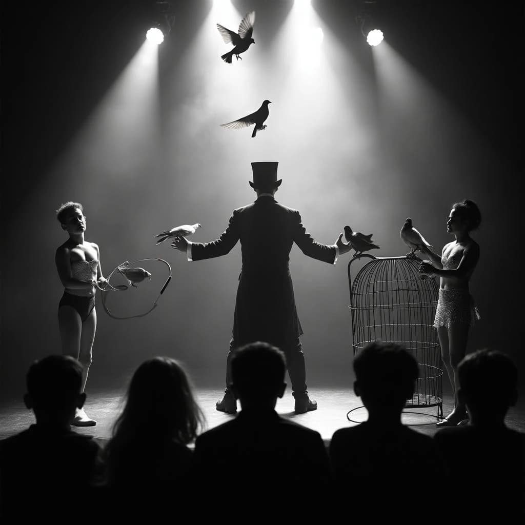 Black and white theatre still, harsh footlights raking up from below. A magician in tails stands centre stage releasing two doves from an upturned top hat, a third dove already perched on his left shoulder and a fourth settling on the wire cage at stage right. To his right an assistant in a sequined leotard holds a swaying hoop; to his left a boy in a bellhop uniform kneels holding the hat's velvet cover. In the front row, five silhouetted heads, only the second from the left leaning forward. Deep contrast, heavy silver grain, smoke drifting through the beams.