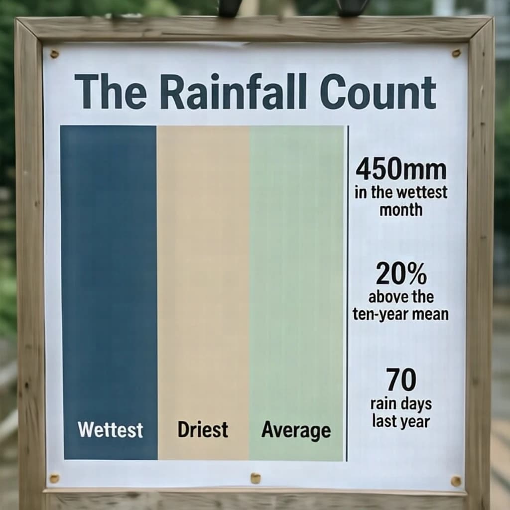 Printed poster titled "The Rainfall Count": at the center a twelve-month rainfall timeline, carrying three keyed regions, "Wettest" shaded dark blue, "Driest" shaded sand and "Average" shaded pale green, beside a right column of three stat chips reading "450mm in the wettest month", "20% above the ten-year mean" and "70 rain days last year".