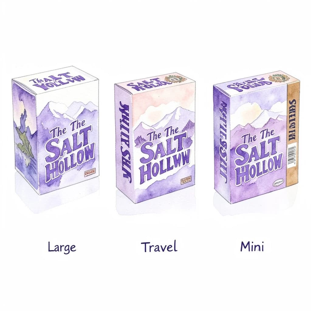 Watercolor of the same board-game box drawn in three editions, captioned "Large", "Travel" and "Mini", every edition carrying the wordmark "The Salt Hollow" in the same purple-and-white coloring, only the box size changing.