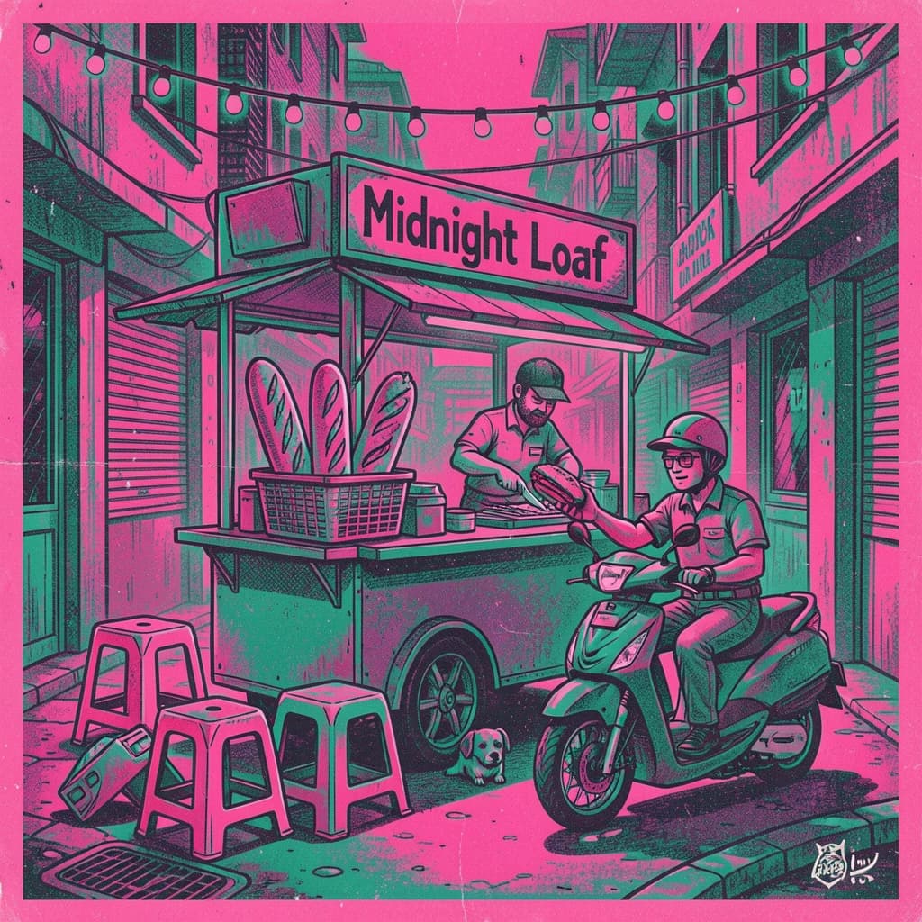 Two-color risograph print key art in fluorescent pink and teal with visible misregistration and paper grain, for a street food courier game. A night market alley: the banh mi cart at center with three baguettes standing upright in a basket and two more being sliced by the vendor, who hands one wrapped sandwich down to a courier straddling a scooter. Four plastic stools in front of the cart, three occupied and the one nearest the gutter tipped over. Two strings of bulbs cross overhead. A dog waits under the cart axle. The stall banner reads "Midnight Loaf".
