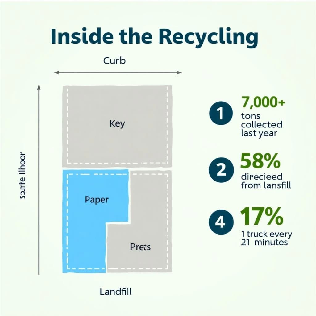 Flat infographic titled "Inside the Recycling": at the center a flow chart from curb to sorting floor, carrying two keyed regions, "Paper" shaded blue and "Landfill" shaded gray, beside a right column of three stat chips reading "7,000 tons collected last year", "58% diverted from landfill" and "1 truck every 21 minutes".