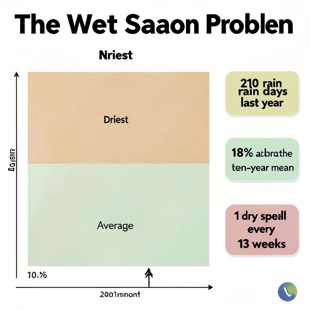 Printed poster titled "The Wet Season Problem". A twelve-month rainfall timeline sits at the center, carrying two keyed regions, "Driest" shaded sand and "Average" shaded pale green. Three stat chips run down a right column, reading "210 rain days last year", "18% above the ten-year mean" and "1 dry spell every 13 weeks". Each key color matches the shading of the region it names.