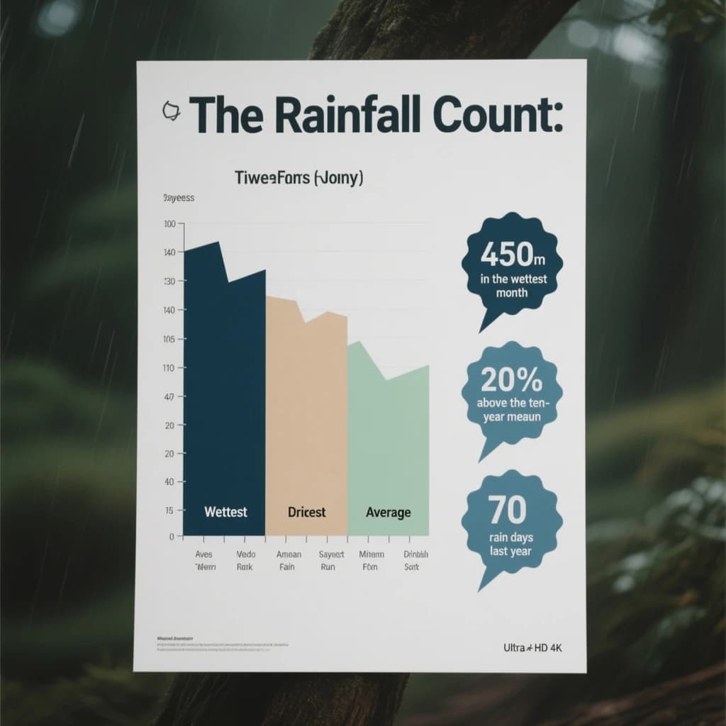 Printed poster titled "The Rainfall Count": at the center a twelve-month rainfall timeline, carrying three keyed regions, "Wettest" shaded dark blue, "Driest" shaded sand and "Average" shaded pale green, beside a right column of three stat chips reading "450mm in the wettest month", "20% above the ten-year mean" and "70 rain days last year".