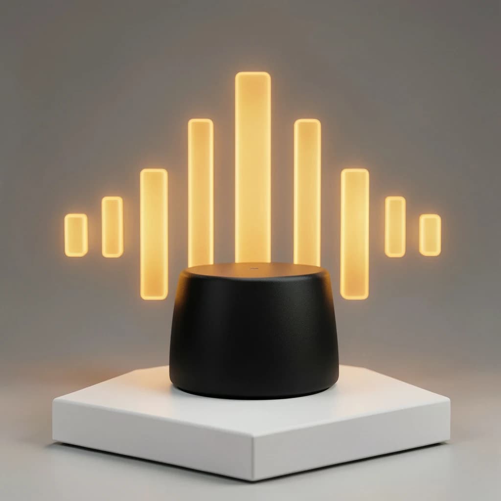 Cinematic 3D render of a matte black speaker puck on a white plinth, with a sound waveform behind it built from fourteen glowing amber bars in a gentle curve, the three tallest centred directly behind the puck and the bars shortening evenly toward both ends.