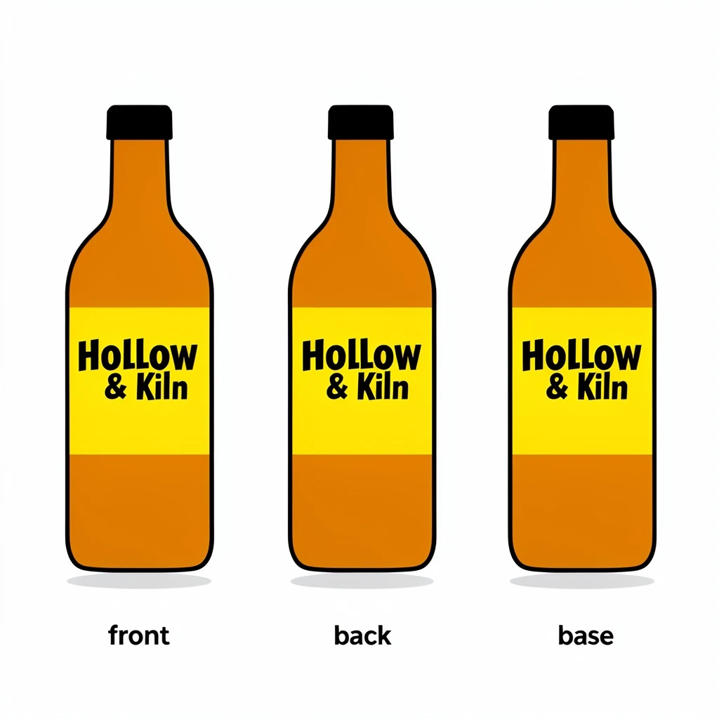 Flat vector illustration of the same hot-sauce bottle drawn in three views, captioned "front", "back" and "base", every view carrying the wordmark "Hollow & Kiln" in the same black-and-yellow coloring, only the angle changing.