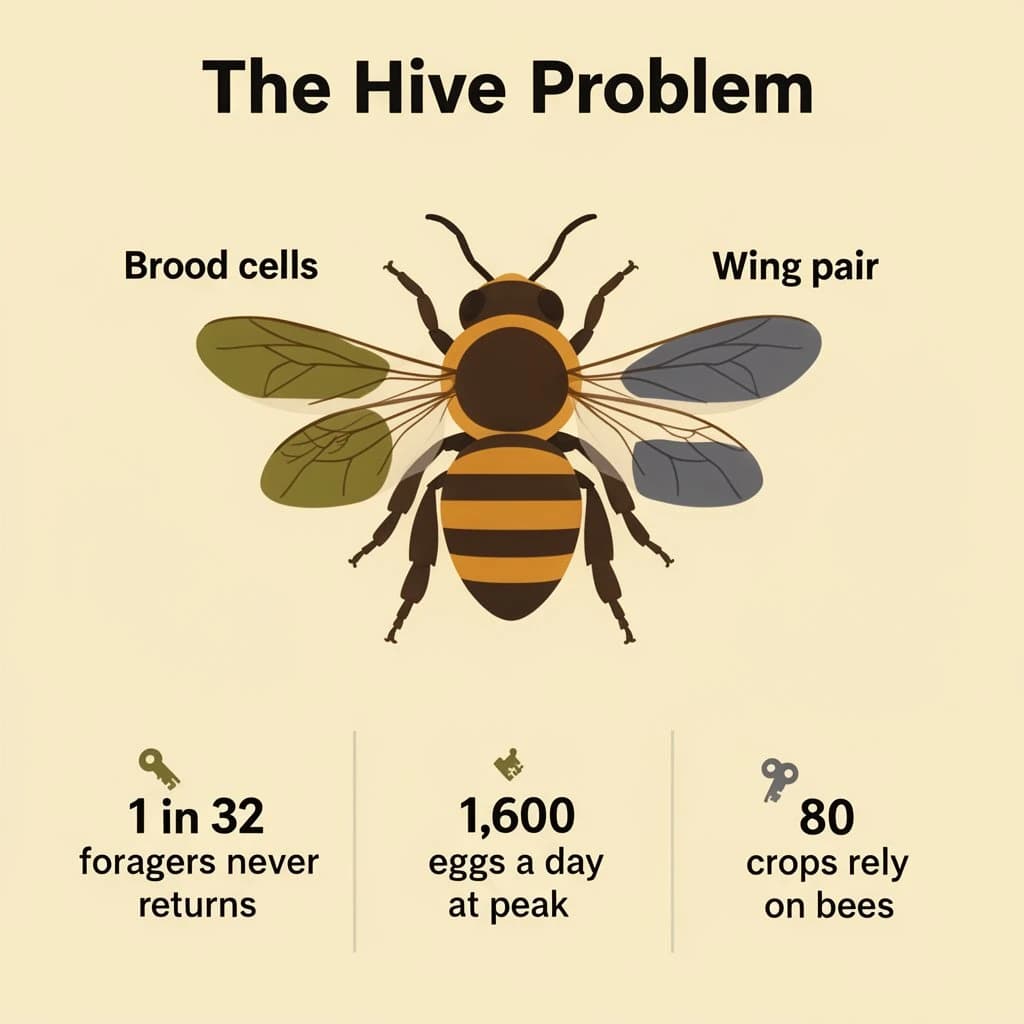 Flat vector illustration titled "The Hive Problem". A labeled bee diagram sits at the center, carrying two keyed regions, "Brood cells" shaded olive and "Wing pair" shaded slate. Three stat chips run down a bottom row, reading "1 in 32 foragers never returns", "1,600 eggs a day at peak" and "80 crops rely on bees". Each key color matches the shading of the region it names.