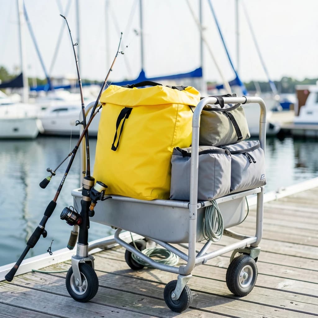 Lifestyle listing photo on a marina dock: a folding dock cart holding three dry bags, the largest yellow and the two smaller ones grey, two fishing rods leaning against the handle, and one coiled dock line hanging from the front rail. Masts blurred behind.