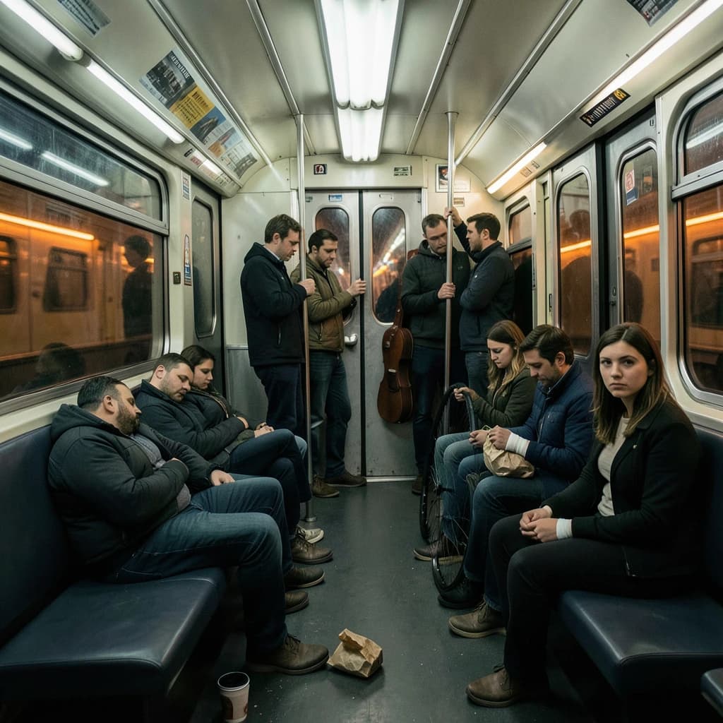Cinematic photograph inside a late night subway car, handheld, lit only by flickering ceiling strips and orange platform light sliding past the windows. Nine passengers down the car: the three on the left bench all sleep with heads tipped at different angles, the four on the right bench are awake, one folding a paper bag, one holding a bike wheel upright between his knees, one wrapping her own wrist in tape, one staring straight into the lens. Two more stand at the far doors gripping the same pole with a violin case wedged between them. An empty seat beside the nearest sleeper, a coffee cup rolling under it.