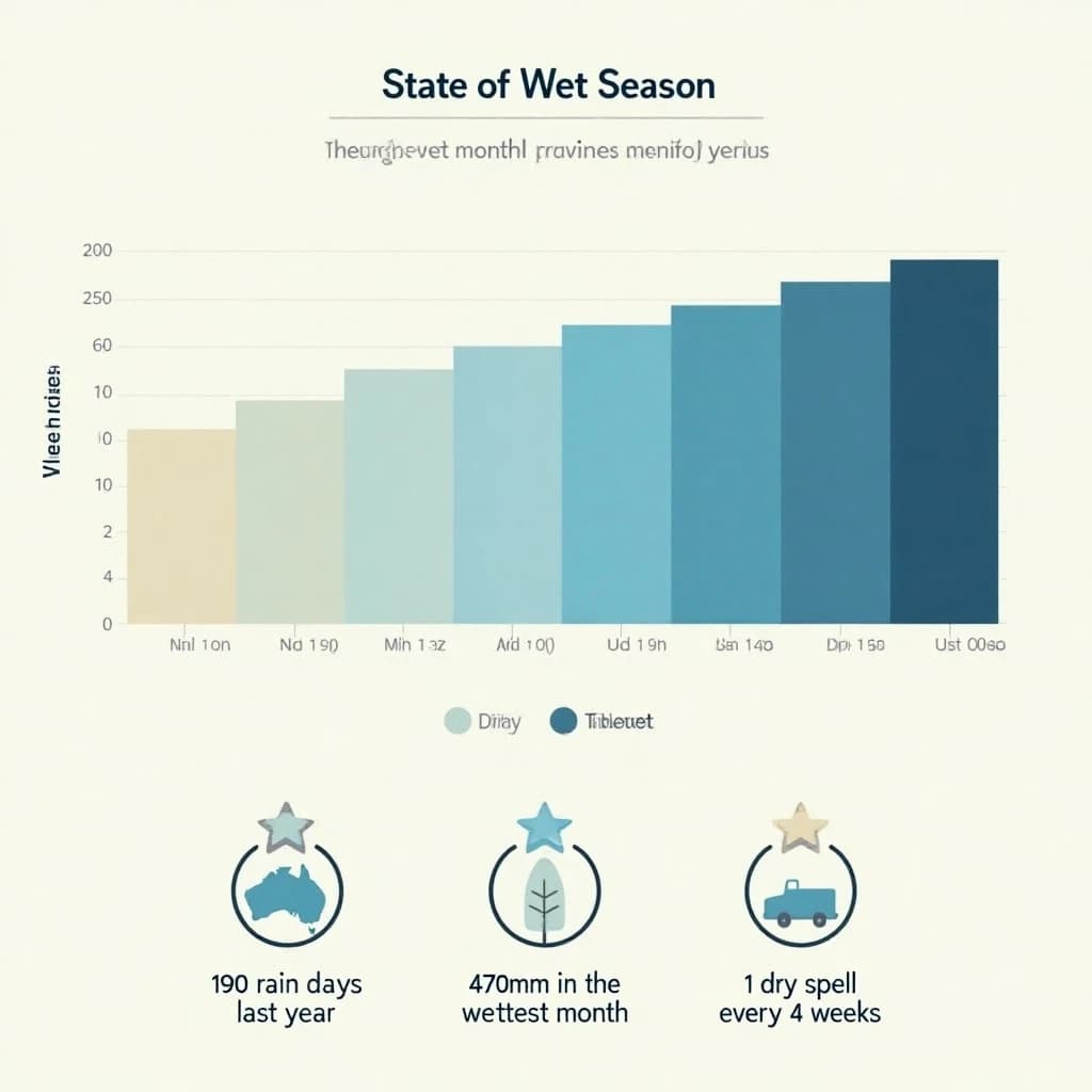 Flat vector illustration titled "State of Wet Season": at the center a twelve-month rainfall timeline, carrying two keyed regions, "Driest" shaded sand and "Wettest" shaded dark blue, beside a bottom row of three stat chips reading "190 rain days last year", "470mm in the wettest month" and "1 dry spell every 4 weeks".