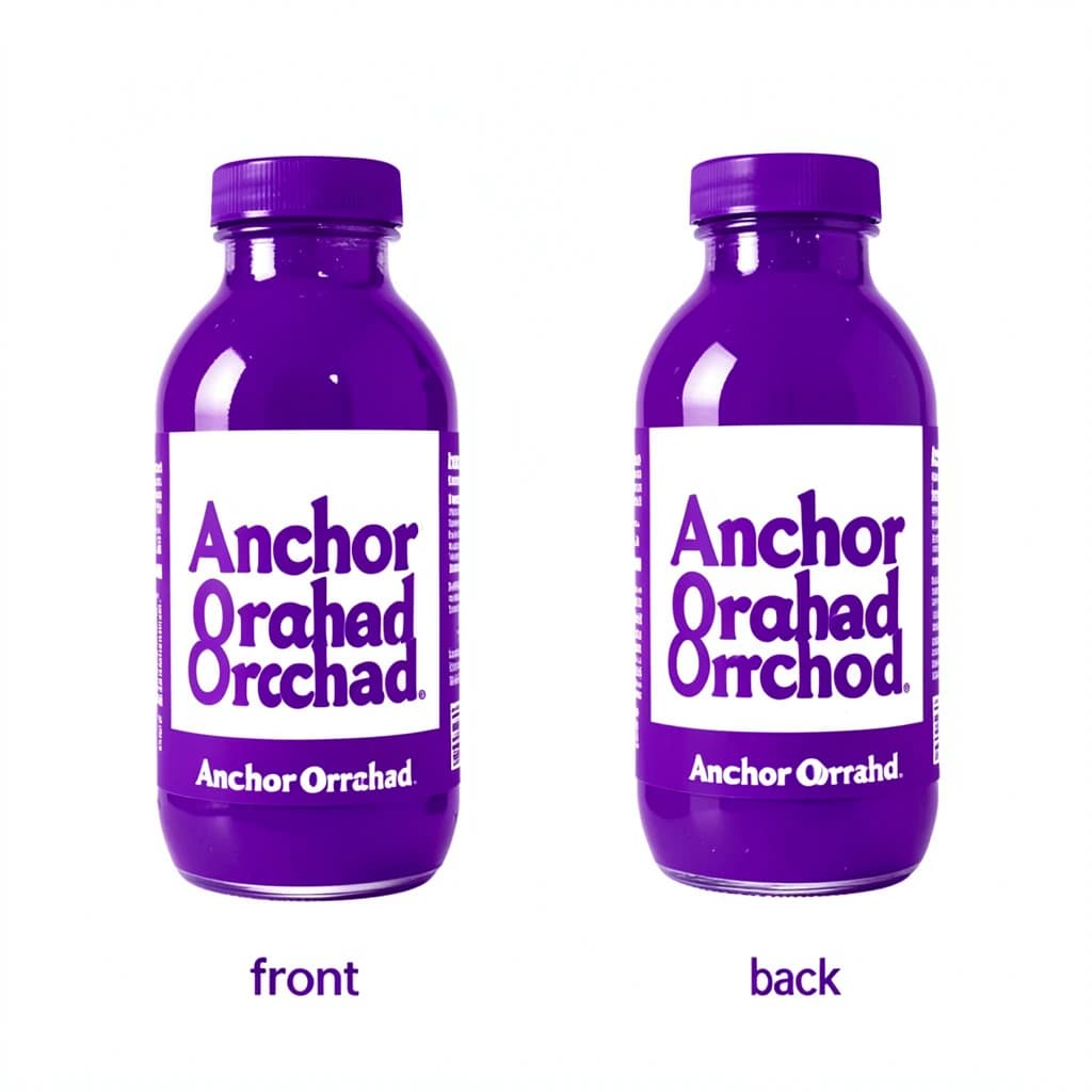 Printed poster: one hot-sauce bottle in two views. The views are captioned "front" and "back" in that order. The wordmark "Anchor Orchard" appears on every view. The purple-and-white coloring is the same across every view, and only the angle changes.
