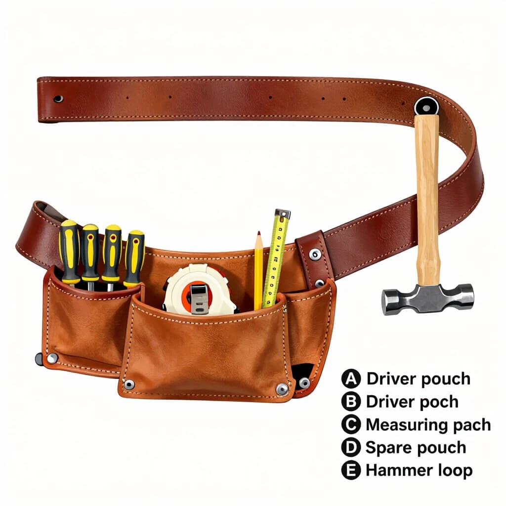 Technical flat vector exploded view of a leather tool belt laid out horizontally, pouches lifted off the strap along thin gap lines. Five pouches: the two leftmost each hold three screwdrivers, the centre pouch holds a tape measure and a pencil, the fourth stands empty, and the rightmost carries a hammer loop with the hammer hanging head down. Callout letters A through E point to each pouch, and a parts list in the lower right reads "A Driver pouch", "B Driver pouch", "C Measuring pouch", "D Spare pouch", "E Hammer loop".