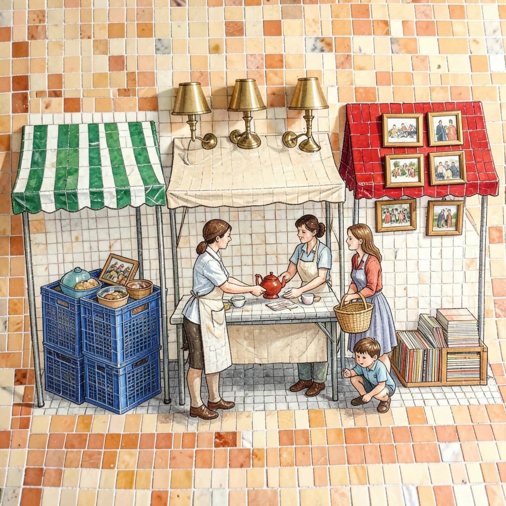 Glass tile mosaic of a Sunday flea market seen from a slightly raised angle, small square tesserae and warm terracotta grout. Three stall awnings in a row: the left one striped green and white over stacked vinyl crates, the middle plain canvas over six brass lamps with only the two tallest wearing shades, the right red awning hung with nine framed pictures in three rows of three. Under the middle awning a vendor in an apron hands a teapot across the table to a woman holding a straw basket, while a boy crouches at her feet by a crate of records. No lettering anywhere.