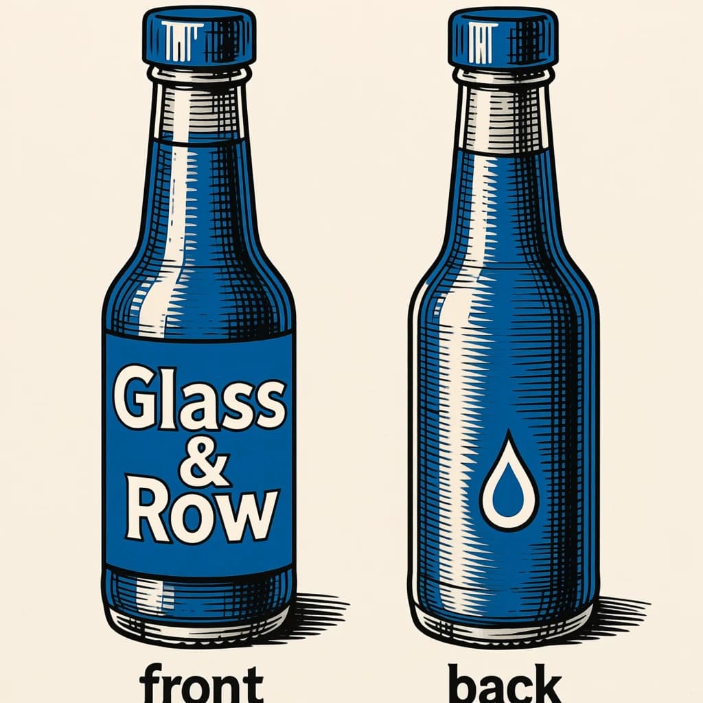 Printed poster of the same hot-sauce bottle drawn in two views, captioned "front" and "back", every view carrying the wordmark "Glass & Row" with a single droplet symbol beside it in the same blue-and-silver coloring, only the angle changing.